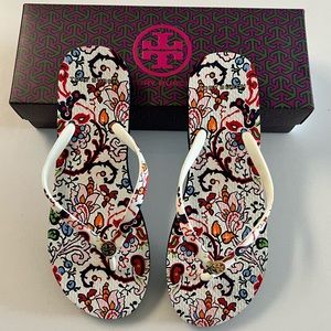 Tory Burch Ivory / Batik Floral Flip Flips